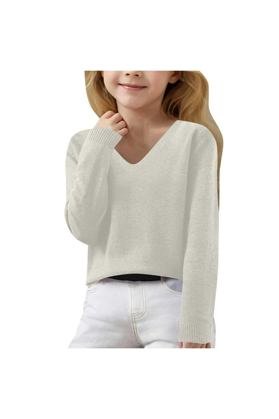 Tween Girls Sweaters Fall Winter Long Sleeve V Neck Knit Pullover Sweaters Kids Girls Clothing Beige Size 10-11T