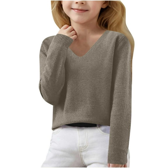 Tween Girls Sweaters Fall Winter Long Sleeve V Neck Knit Pullover Sweaters Kids Girls Clothing Brown Size 10-11T
