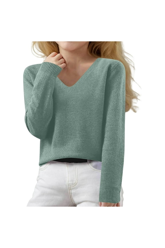 Tween Girls Sweaters Fall Winter Long Sleeve V Neck Knit Pullover Sweaters Kids Girls Clothing Green Size 10-11T