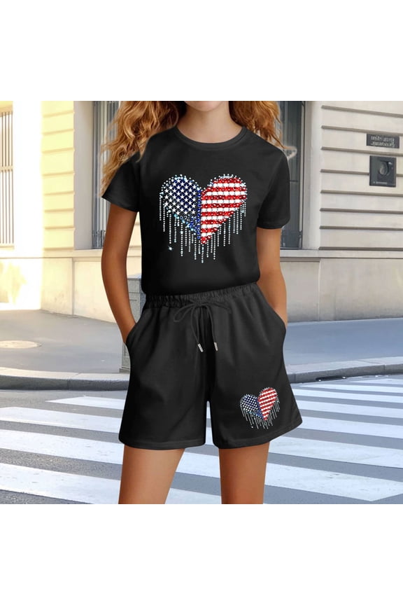 Tween Girls Sweatsuit Dripping Rhinestone Star Heart Graphic T Shirt And Elastic Shorts Set Cool American Flag Print Summer Outfit Casual Short Sleeve Playwear Clothes