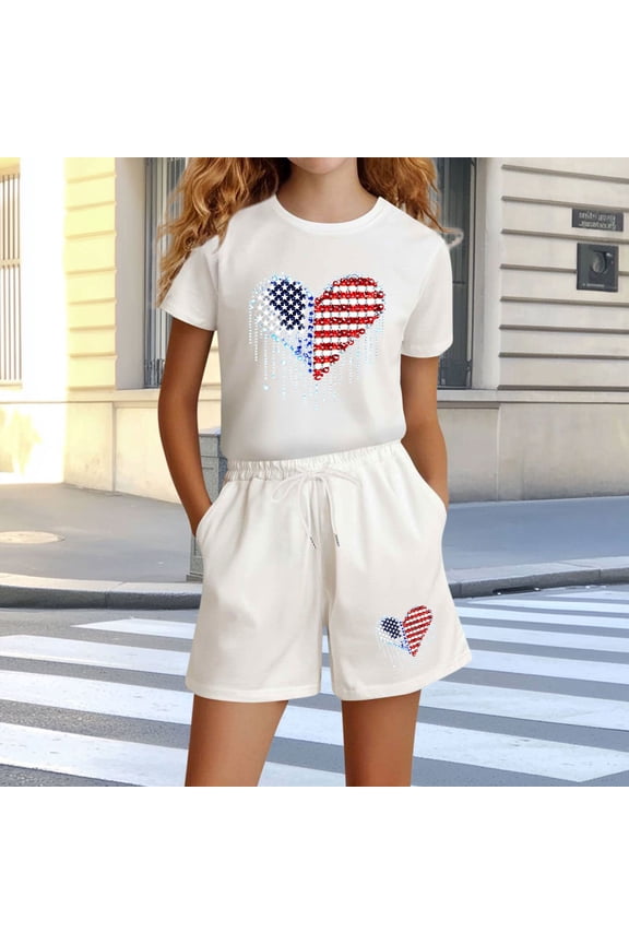 Tween Girls Sweatsuit Dripping Rhinestone Star Heart Graphic T Shirt And Elastic Shorts Set Cool American Flag Print Summer Outfit Casual Short Sleeve Playwear Clothes