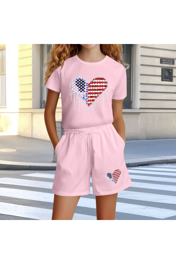 Tween Girls Sweatsuit Dripping Rhinestone Star Heart Graphic T Shirt And Elastic Shorts Set Cool American Flag Print Summer Outfit Casual Short Sleeve Playwear Clothes