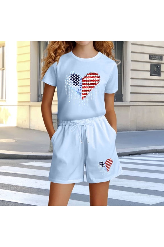 Tween Girls Sweatsuit Dripping Rhinestone Star Heart Graphic T Shirt And Elastic Shorts Set Cool American Flag Print Summer Outfit Casual Short Sleeve Playwear Clothes