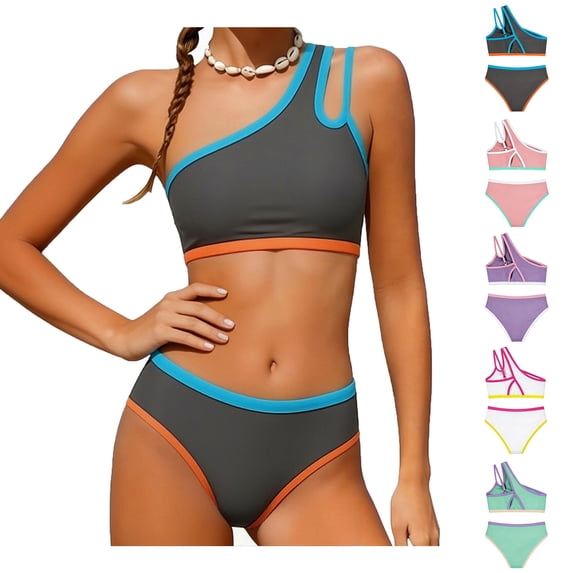Tween Girls Swimsuit Gray Two Piece 1 Shoulder Bathing Suit With Chest Pad Color Block High Waisted Bikini 11-12 Years