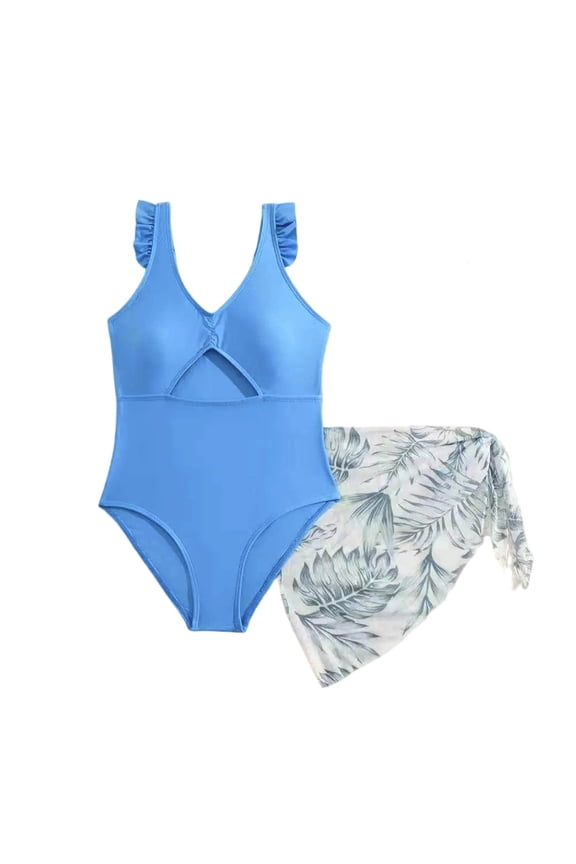 Tween Girls Swimsuit One Piece with Skirt Swimsuits Bikini Floral Print Ruffle Trim Sun for Teen Youth Swimwear 9-10 Years