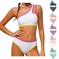 thumbnail image 1 of Tween Girls Swimsuit White Two Piece 1 Shoulder Bathing Suit With Chest Pad Color Block High Waisted Bikini 11-12 Years, 1 of 6