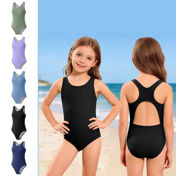 Tween Girls Swimsuits 1 Piece Black Bathing Suits Back Cutout Swimwear for Summer Beach with UPF 50 Sun 11-12 Years