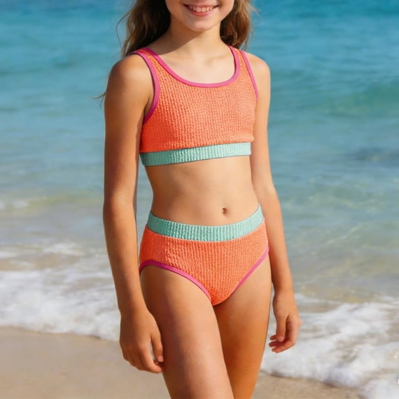 Tween Girls Swimsuits 2 Piece Solid Color Bikini Sets with Chest Pad Sporty Bathing Suits Fashion Swimwear with Shorts Orange 9-10 Years