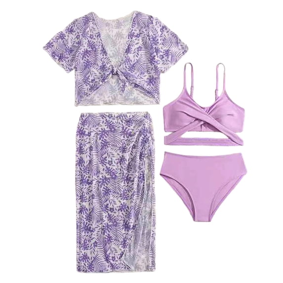 Tween Girls Swimsuits 3 Piece Floral Print Bikini Two Piece with Durable for Play Swimwear 8-9 Years