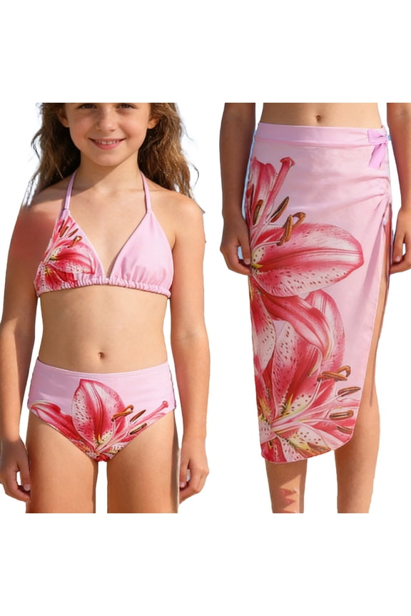 Tween Girls Swimsuits 3 Piece Floral Print Two Piece Bikini Swimsuit for Teen Juniors Tropical Summer Beach Pool Party Swimwear 10-11 Years