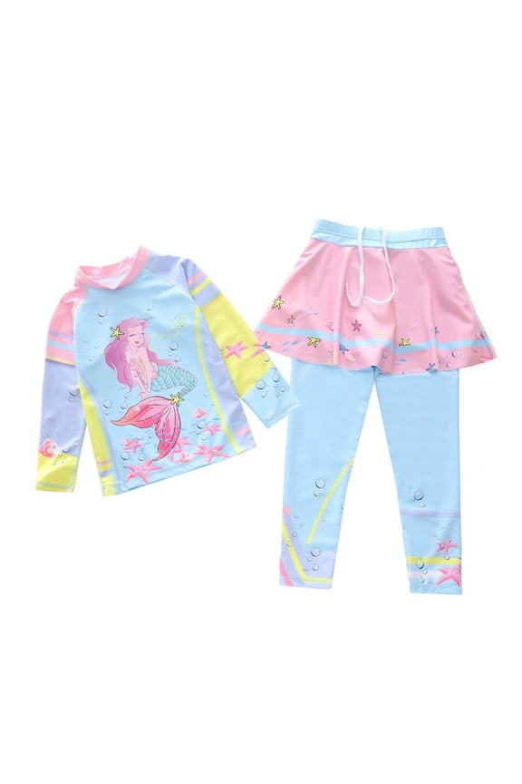 Tween Girls Swimsuits Two Piece Rash Guard Cute Cartoon Print Sun Bathing for Kids Swimwear 6-7 Years