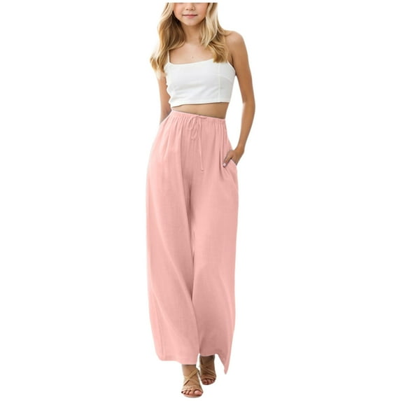 Tween Girls Trendy Clothes Summer Girls Wide Leg Linen Pants Summer Boho Casual Elastic Waist Long Lounge Travel Pant Trousers with Pockets