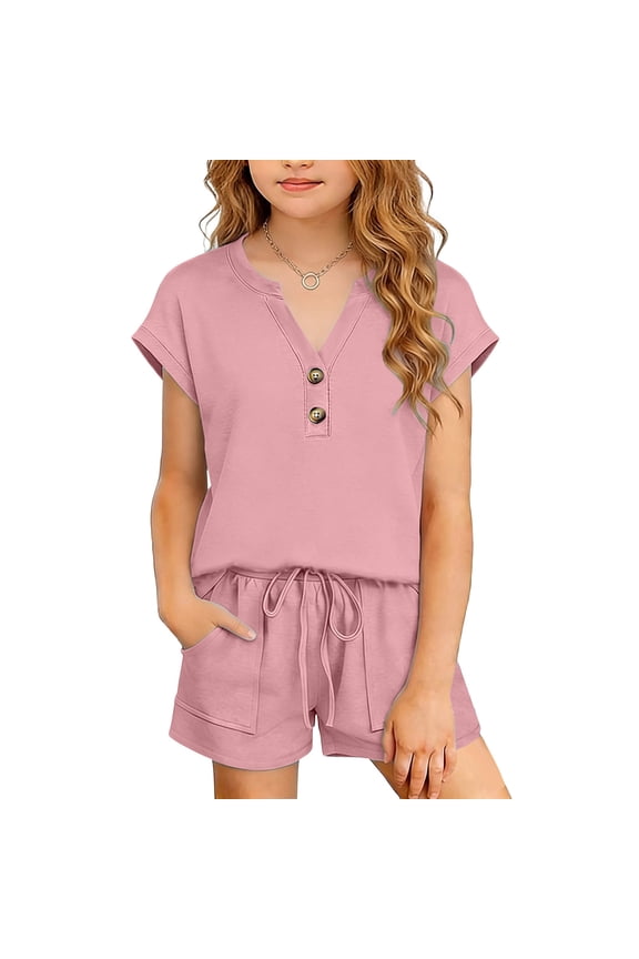 Tween Girls Two Piece Casual Outfit V Neck Button Short Sleeve Henley Top And Drawstring Shorts Set With Pockets Solid Summer Clothes Activewear Suit