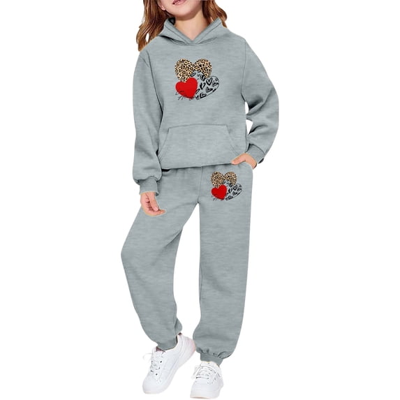 Tween Girls Valentines Day Hooded Tracksuit With Leopard Print Heart Design Jogger Outfit Kids Casual Sets Clothes