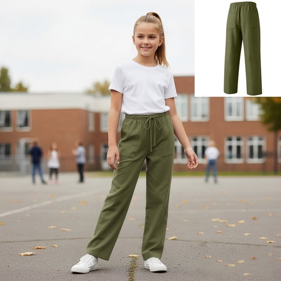Tween Girls Wide Leg Pants Linen Pants Elastic Waist Straight Leg Green High Waisted Cute Summer Outfits for Girls 12-13 Years