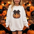 thumbnail image 1 of Tween Kids Pumpkin Bow Print Graphic Sweatshirts Girls Long Sleeve Crewneck Pullover Tops Youth Fall Harvest Outfits Slouchy Drop Shoulder Sweaters Casual Wear, Size 11-12, 1 of 5
