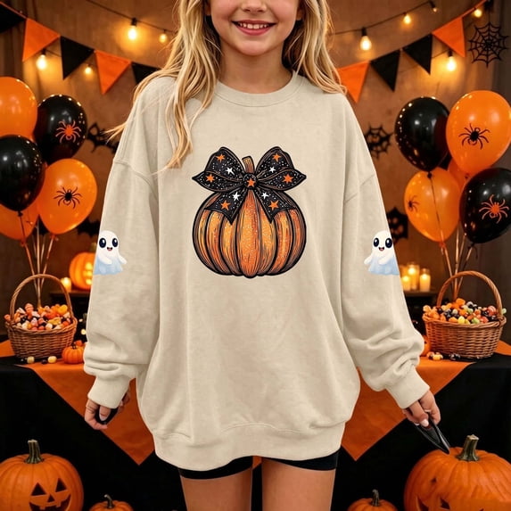 Tween Kids Pumpkin Bow Print Graphic Sweatshirts Girls Long Sleeve Crewneck Pullover Tops Youth Fall Harvest Outfits Slouchy Drop Shoulder Sweaters Casual Wear, Size 7-8