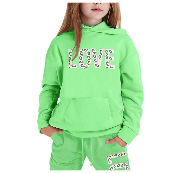 Tween Kids Sweatsuit Set for Girls 2PC Long Sleeve Green Tracksuit Pullover Hoodie Jogger Set Warm Fall Winter Clothes 10-11 Years Girls Outfits