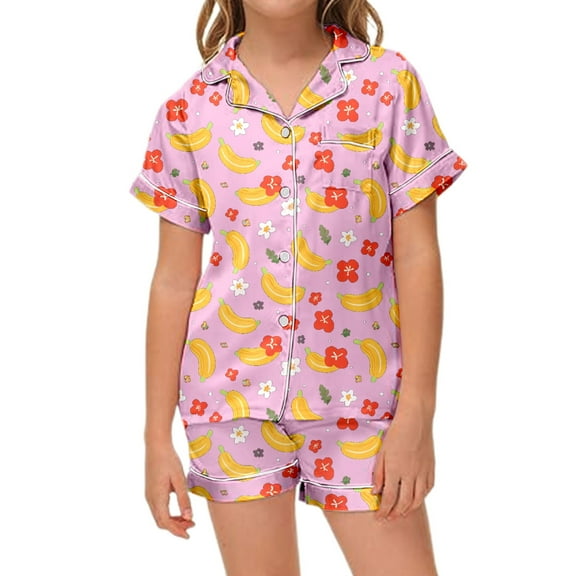 Tween Pajamas Girls Fruit Print 2 Piece Set Short Sleeve Button Down Sleepwear with Shorts Set Girls Summer Pajamas Toddler Girl Pajamas 10-11 Years
