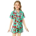 thumbnail image 1 of Tween Pajamas Set Silk Satin Bowknot Printed 2 Piece Set Short Sleeve Button Down Shirts Shorts Set Summer Clothes for Girls Pajamas for Girls 10-11 Years, 1 of 3
