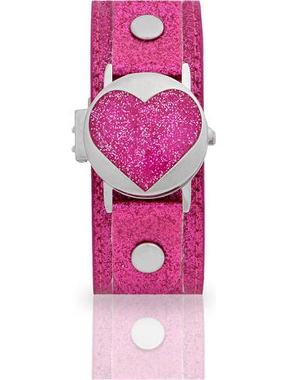 Tween Pink Heart Printed Face Locket-Style Watch, Pink Leather-Look Band
