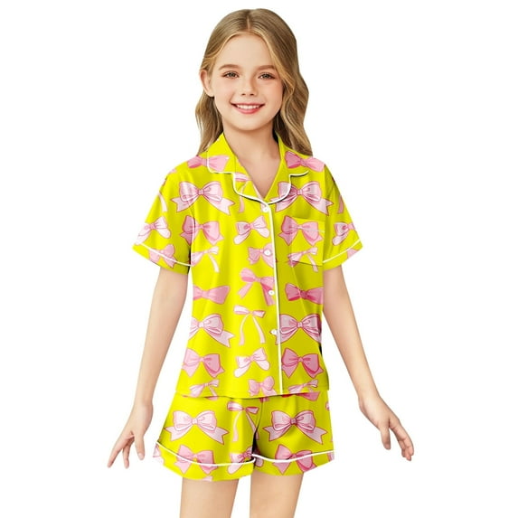 Tween Satin Pajamas For Boy Bowknot Button Down Sleepwear Set Toddler Girl Sleepwear Little Girls Christmas Pajamas 12-13 Years