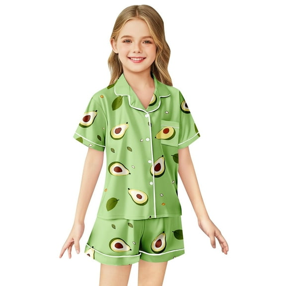 Tween Satin Pajamas For Girl Avocado Button Down Homewear Set Sleepwear Loungewear Set Cute Pajamas For Girls 10-11 Years