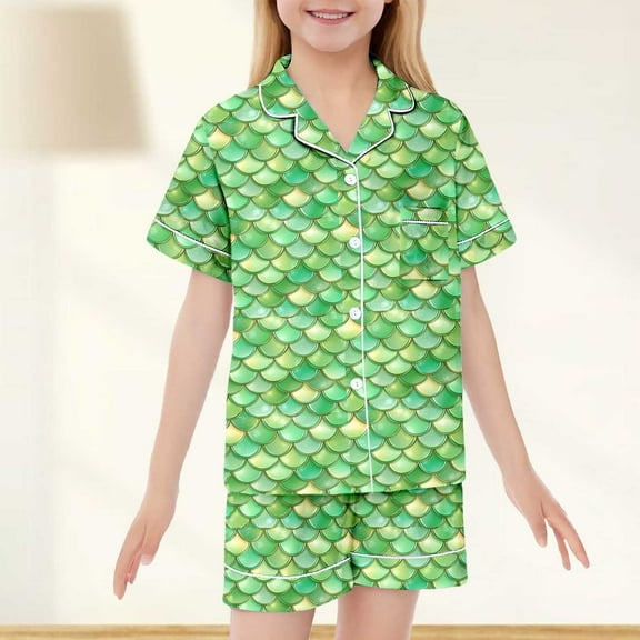 Tween Satin Pajamas For Girls Fish scale Button Down Tops Set Kids Pajamas Nightgown Girls Christmas Pjs 10-11 Years