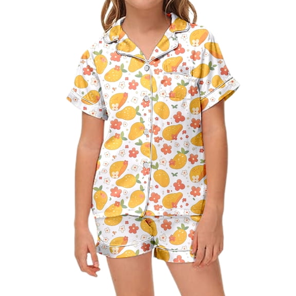 Tween Satin Pjs Fruit Print 2 Piece Short Sleeve Button-Down Shirts with Shorts Set Christmas Pjs Kids Toddler Girl Pajamas 12-13 Years