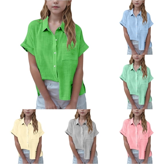 Tween Shirt Short Sleeved Pleated Button Up Shirt for Spring and Summer Casual Loose and Lightweight Top Tween Dance Tops Girls 13-14 Years