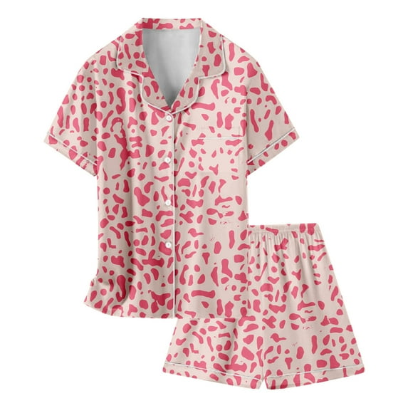 Tween Silk Pajama Set Cute Print 2 Piece Set Short Sleeve Button-Down Sleepwear with Shorts Set Christmas Pajamas Kids 12-13 Years Pajamas Girls