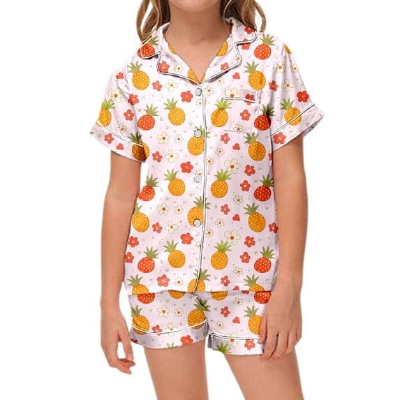Tween Silk Pajama Set Fruit Print 2 Piece Short Sleeve Button Down Shirts with Shorts Set Summer Fall Pajamas Size 10-11 Years Girls Pajamas