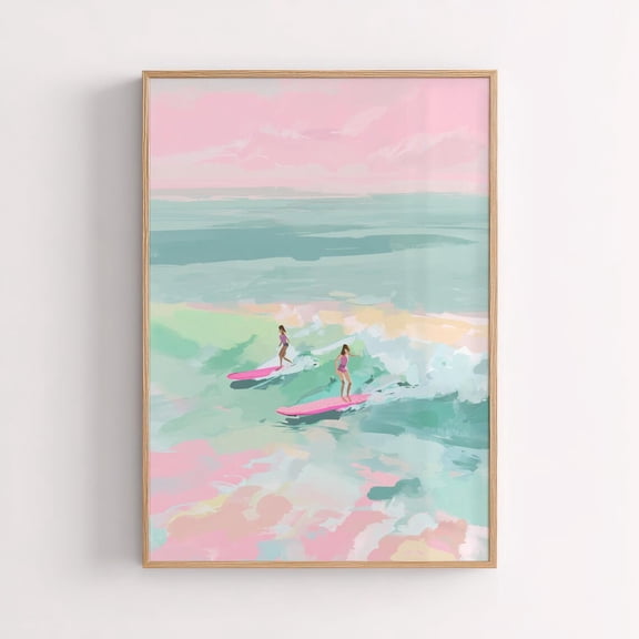 Tween Surfer Girl Poster: Pink Pastel Beach Art, Unframed Poster Size 24x36