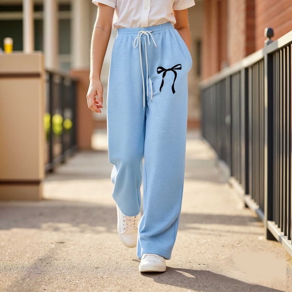 Tween Sweatpants Girls' Athletic Pants with Pockets Adjustable Drawstring Trousers Boys Bowknot Blue SweatPants 10-11 Years