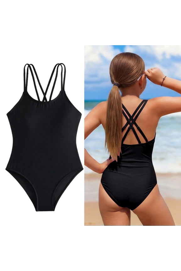 Tween Swimsuits Sleeveless 1 Piece Swimming Suits Quick Dry Swimwear Cross Shoulder Strap Swim Suit for Girls 11-12 Years
