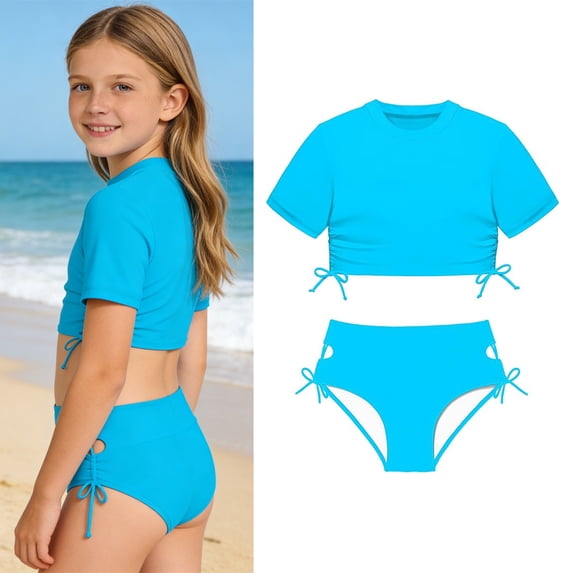 Tween Swimsuits for Girls Short Sleeve Crop Top Two Piece Girls' Swimwear with Chest Pad Bathing Suits for Tween Girls 13-14 Years