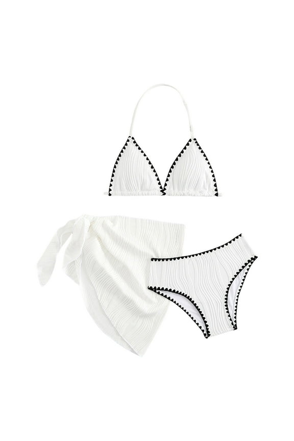 Girls 2 Piece Swimsuit Girls Bathing Suit White Adjustable Straps Bikini Sets Girls 3 Piece Swimsuits with Cover Up Beach Skirt