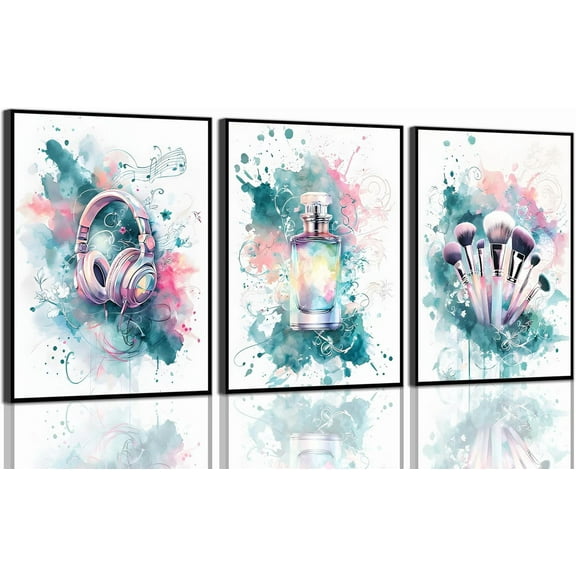 Tween Teen Girls Bedroom Canvas WallPictures Blue Green Prints Preppy Wall Decor Perfume Makeup Brushes And Headset Music Lover Teenager Posters Painting for Mature Girls Bedroomd