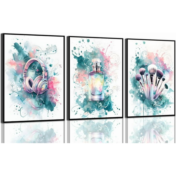 Tween Teen Girls Bedroom Canvas WallPictures Blue Green Prints Preppy Wall Decor Perfume Makeup Brushes And Headset Music Lover Teenager Posters Painting for Mature Girls Bedroomd