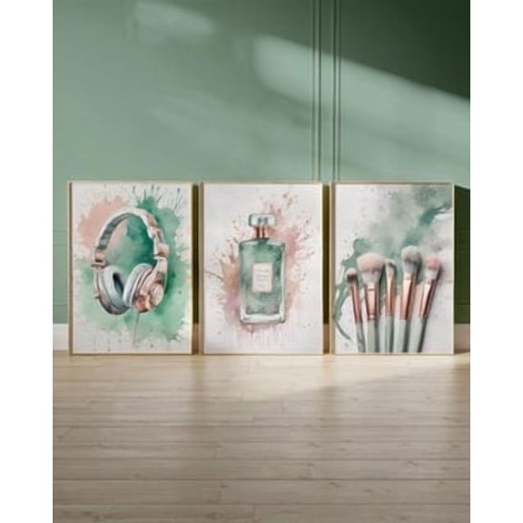 Tween Teen Girls Bedroom Wall Décor, Sage Green Print Teenager Girl Wall Art Hangings, Perfume, Makeup Brushes And Headset Prints, Poster Only