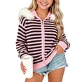 thumbnail image 1 of Tween Teen Girls Striped Knit Cardigan Sweaters Zip Up Long Sleeve Hooded Outerwear with Fleece Trim Relaxed Fit Warm Winter Fall Apparel Drop Shoulder Style, Size 11-12, 1 of 5