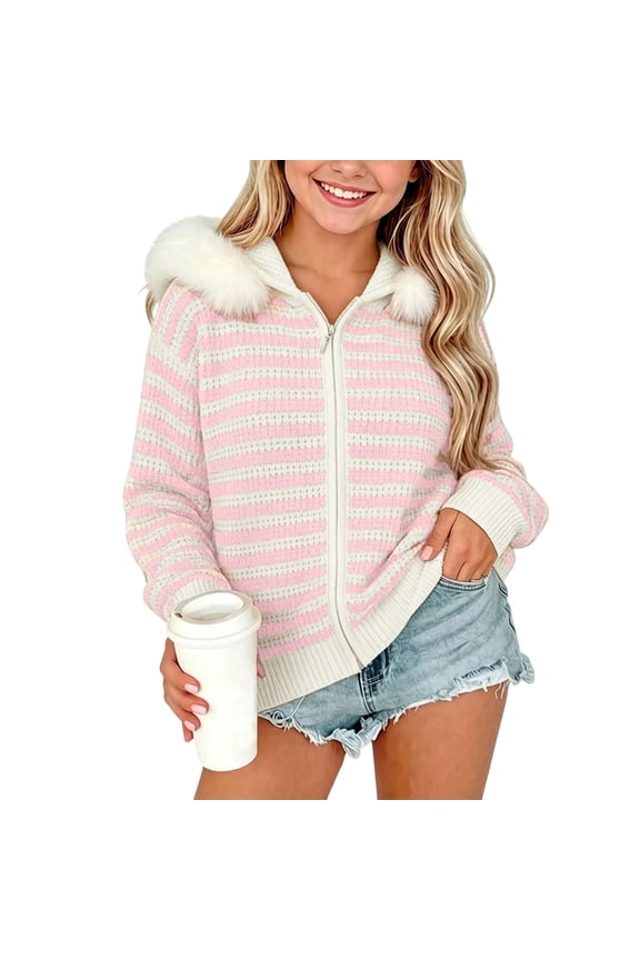 Tween Teen Girls Striped Knit Cardigan Sweaters Zip Up Long Sleeve Hooded Outerwear with Fleece Trim Relaxed Fit Warm Winter Fall Apparel Drop Shoulder Style, Size 7-8