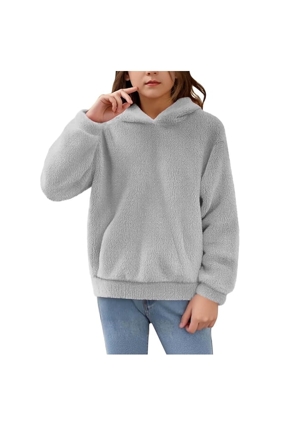 Tween-Teen Long Sleeve Hooded Winter Warm Outerwear Pullover, Casual Solid Color WIth Front Pockets, Unisex Sweater,Kids Sweatshirts,Size:14-15 Years