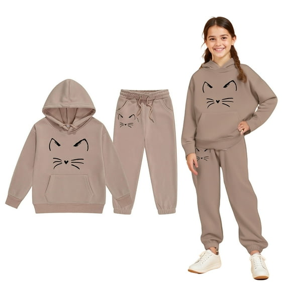 Tween Tracksuit Athletic Sweatsuits Sets 2PC Long Sleeve Khaki Tracksuit Pullover Hoodie Leggings Pants Fall Clothes Girls' Clothing Sets10-11 Years