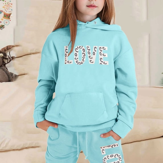 Tween Tracksuit Athletic Sweatsuits Sets 2PC Long Sleeve Light Blue Tracksuit Hoodie Sweatpants Joggers Set Fall Winter Clothes Girls Jogger Set 10-11 Years