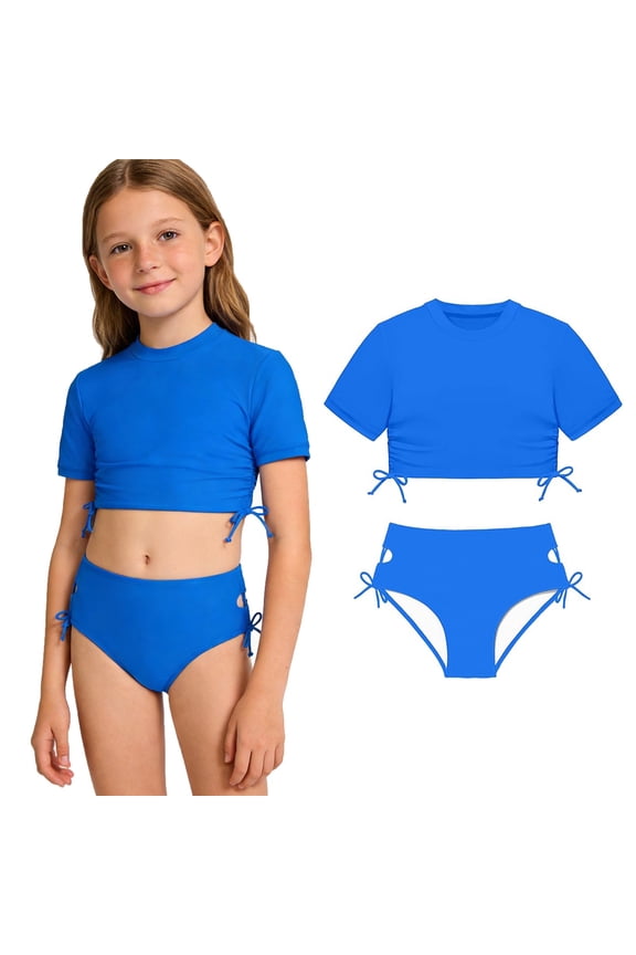 Tween Two Piece Swimsuits Short Sleeve Crop Top Girls Swim Suits with Chest Pad Bathing Suit Tween 11-12 Years