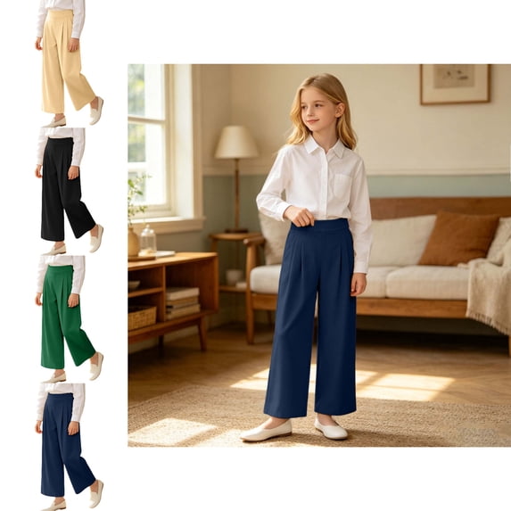 Tween Uniforms for Girls Dress Pants High Stretchy Wide Leg Pants with Pockets Back To School Straight Fit Fashion Clothes 11-12 Years