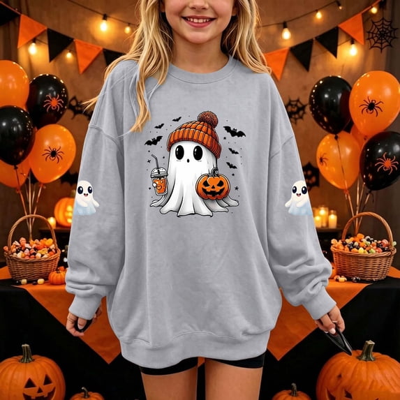 Tween Youth Girls Fall Graphic Sweatshirts Funny Ghost Coffee Print Pullovers Kids Long Sleeve Drop Shoulder Tops Crewneck Slouchy Sweaters for Halloween Season, Size 11-12