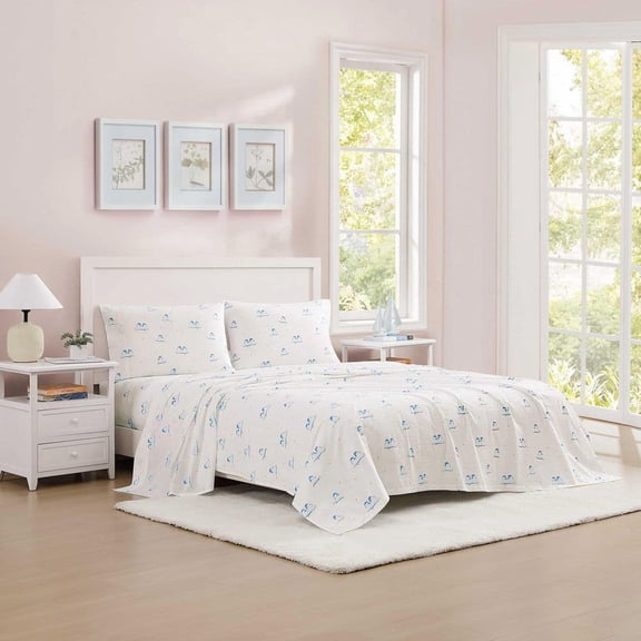 Tweet Tweet Birds 4-Piece Blue Cotton Queen Sheet Set