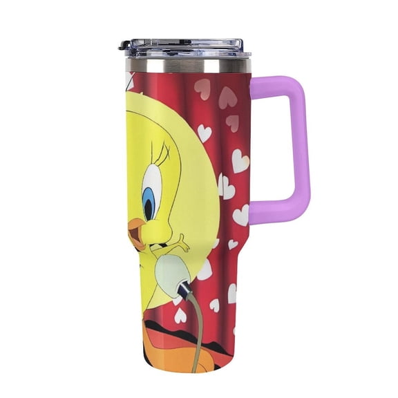 Tweety-Bird 40 Oz Car Cup Stainless Steel Tumbler with Handle, Lid, And Straw, Reusable Large Capacity Car Cup